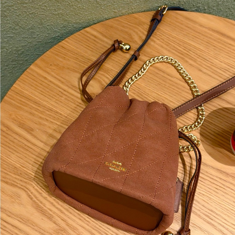 Coach Suede Mini Drawstring Bucket Bag in Rust Brown - Picture 5 of 9